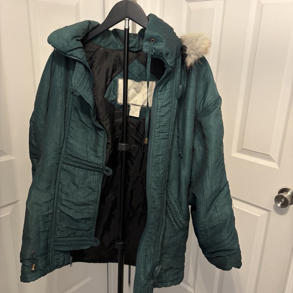 Vtg Izzi 80s Teal Iridescent Puffer Jacket Fox Fur Granny Retro Y2K‎ Toggle Miss